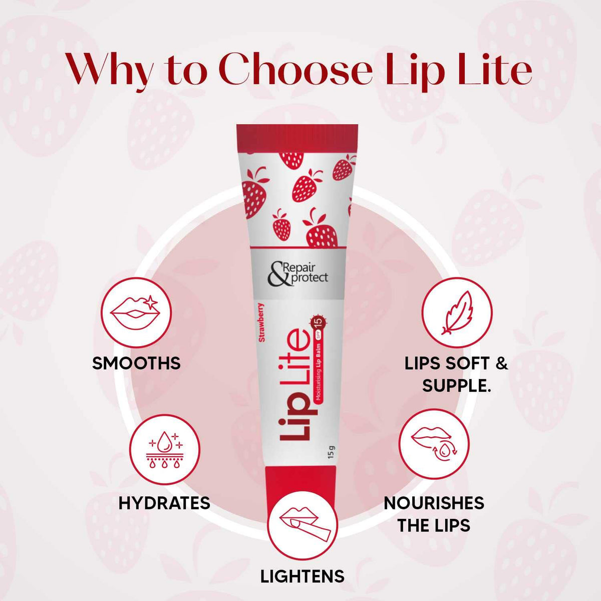 Lip Lite Strawberry Moisturising Lip Balm 15g (Pack of 8)