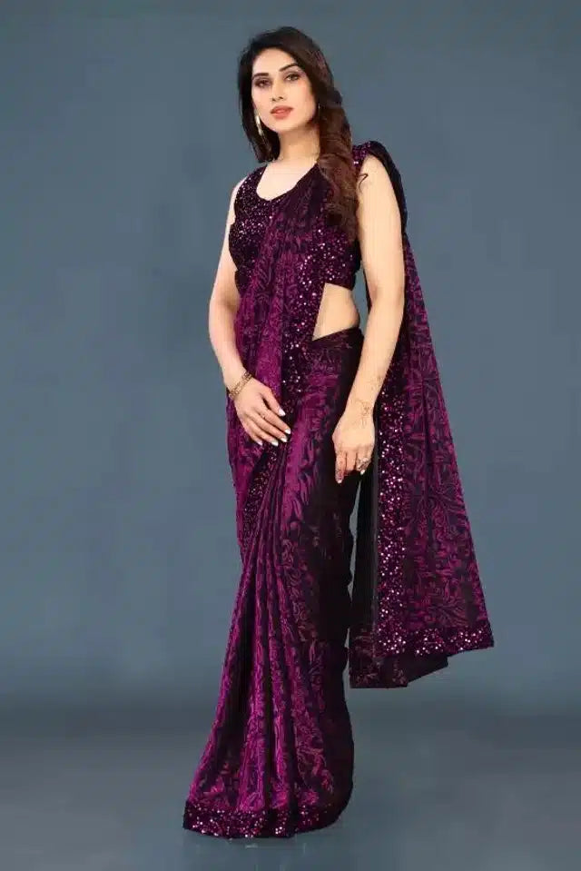 Lycra Sequence Saree for Women (Purple, 6.3 m)